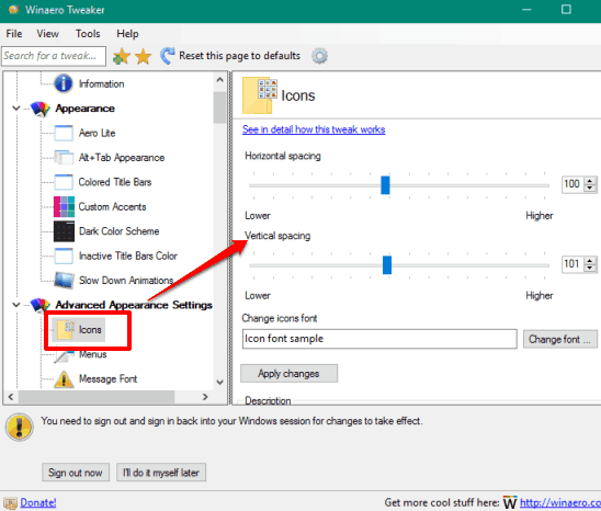 adjust spacing between desktop icons using winaero tweaker