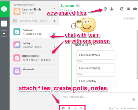 chat and share files with team or a person