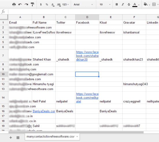 csv file containing email addresses and their social profiles
