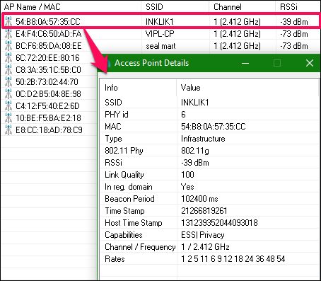dot11Expert access point details