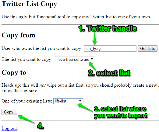 fill options and copy the twitter list