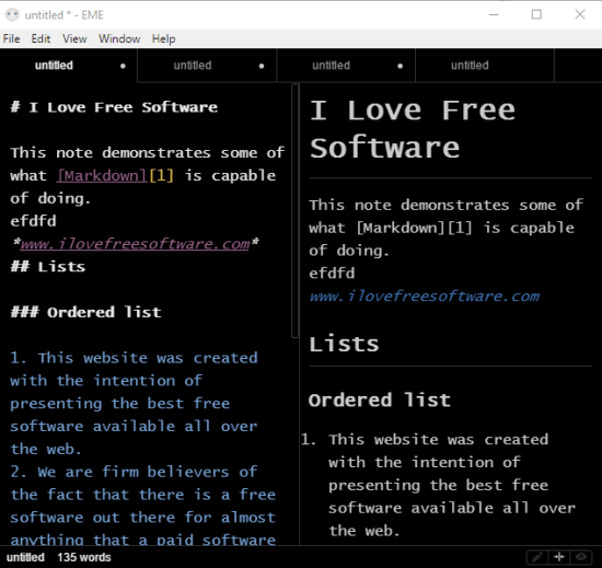 free markdown editor with tabbed interface and night mode