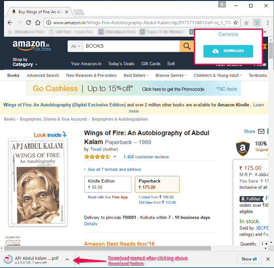 genesis in action in Chrome Extension to Download Book as PDF or E-book from Amazon
