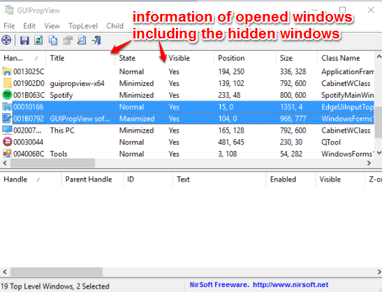 information of opened windows
