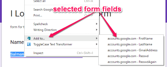 selected form fields