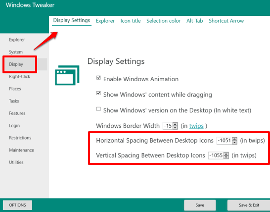 set horizontal and vertical spacing between desktop icons using Windows Tweaker