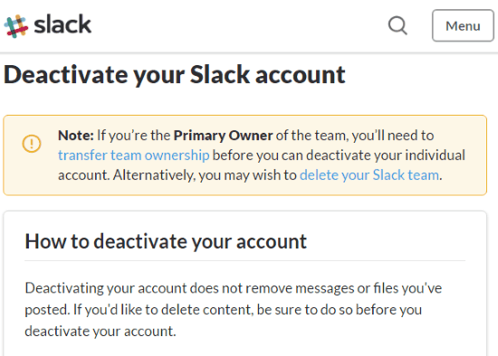 slack deactivation page