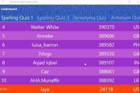 ultimate English spelling quiz leaderboard