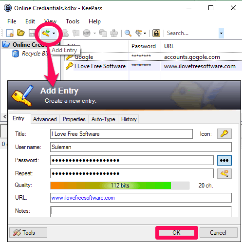 KeePass adding password