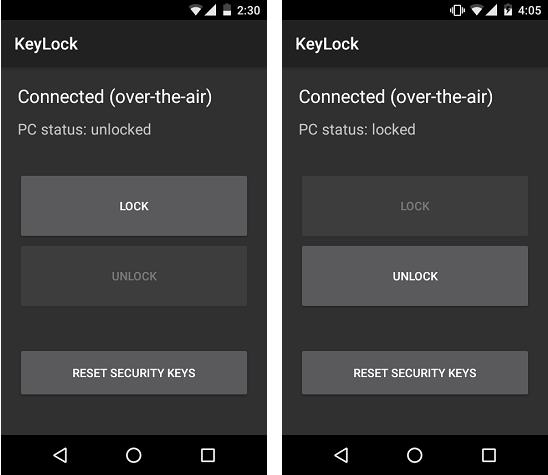 KeyLock app status screen