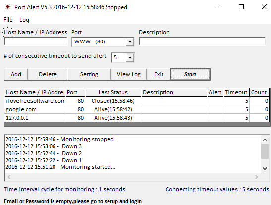 how to get alerts when tcp port network is timed out