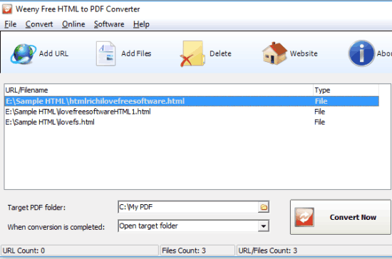 Weeny Free HTML to PDF Converter- interface