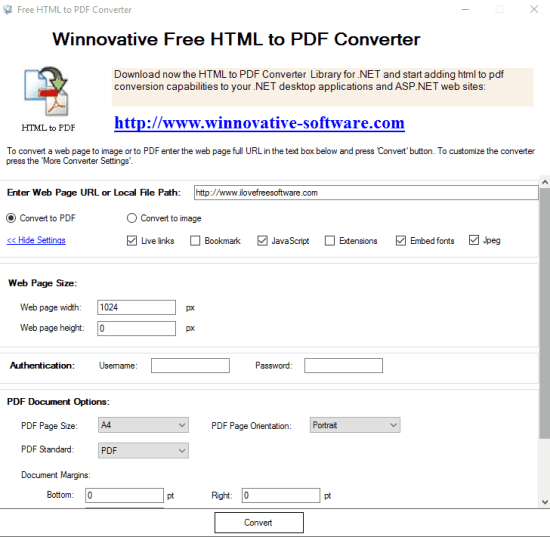 Winnovative Free HTML to PDF Converter- interface