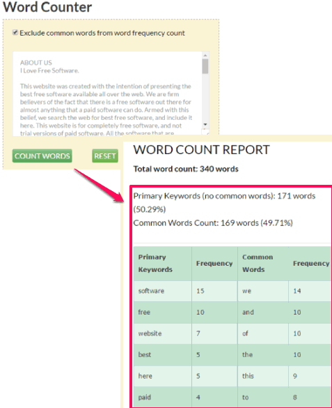Word Counter tool homepage and its report