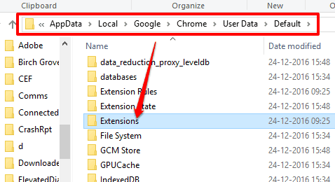access chrome user profile and find extensions folder