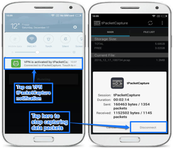 android packet sniffing app for non rooted device- stop caturing data packets