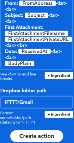 automatically backup gmail emails using IFTTT- step 7- create action