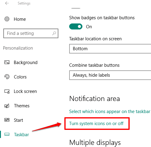 click turn system icons on or off option