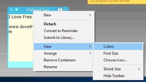 context menu options of a container