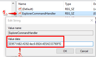 create ExplorerCommandHandler string value and set value data