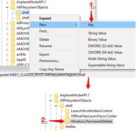 create Windows.PermanentDelete key