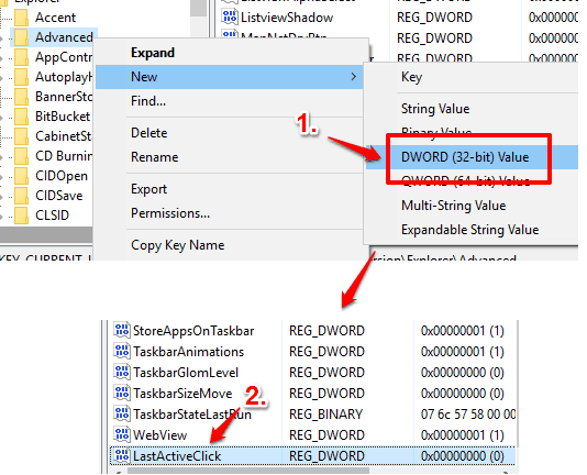create a new lastactiveclick dword value