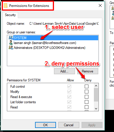 deny permissions for the user