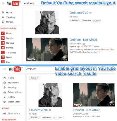 enable grid layout in youtube video search results