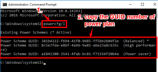 execute power plan command and copy GUID number of power plan