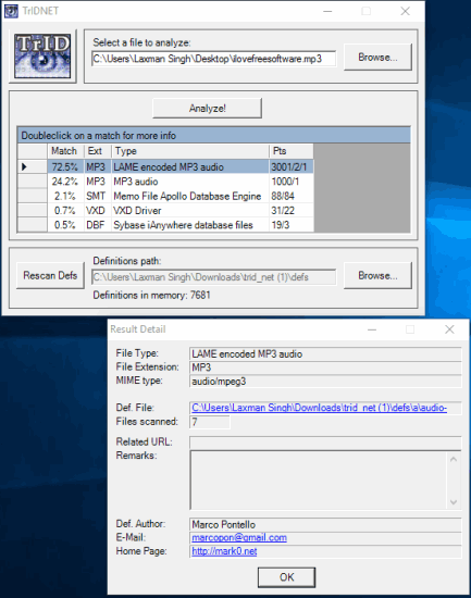 free file identifier with result detail