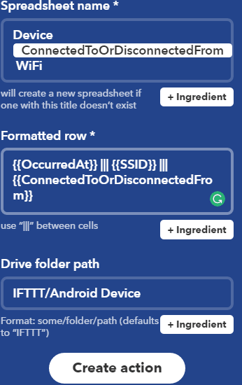 how to log android wifi connection history to google drive- complete the action fields