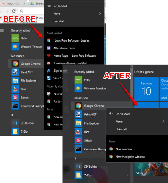 jump lists removed from start menu