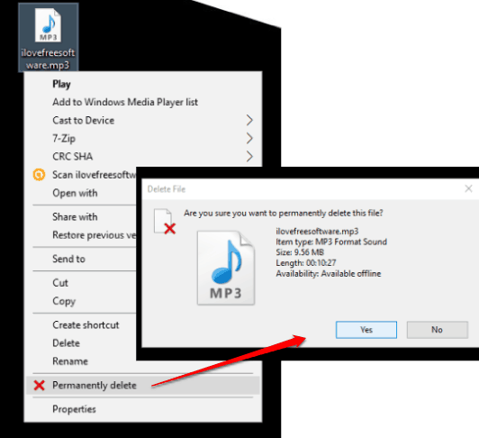 permanently delete option in context menu
