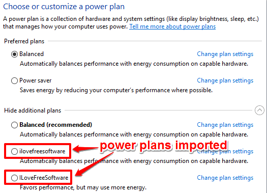 power plans imported to windows 10