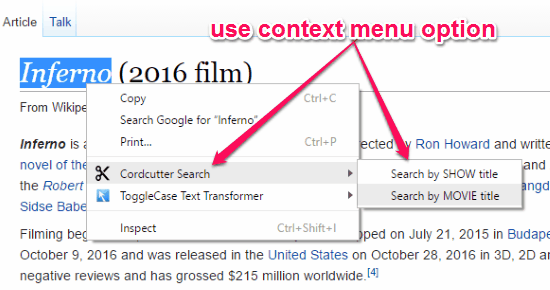 search using context menu