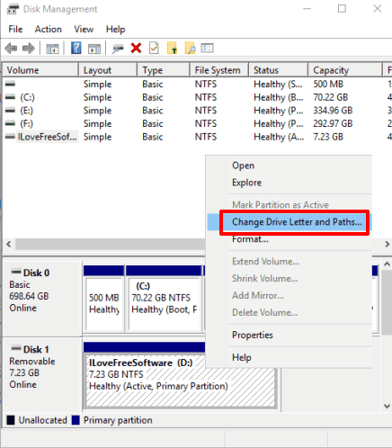 select change drive letter and paths option