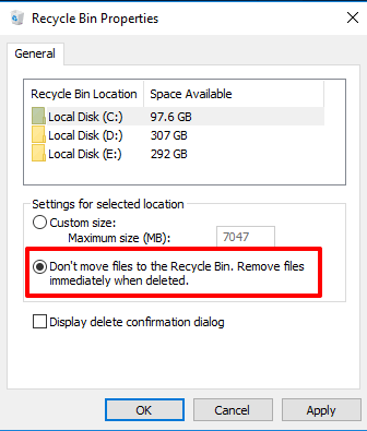 select don't move files to recycle bin option