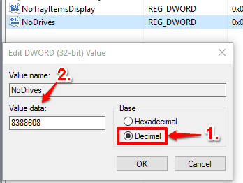 set decimal value in NoDrives value data to hide a drive