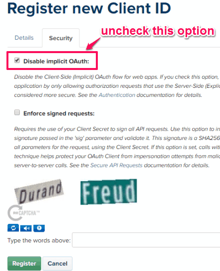 uncheck disable implicit OAuth and register
