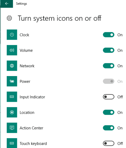 use buttons to turn system icons on or off