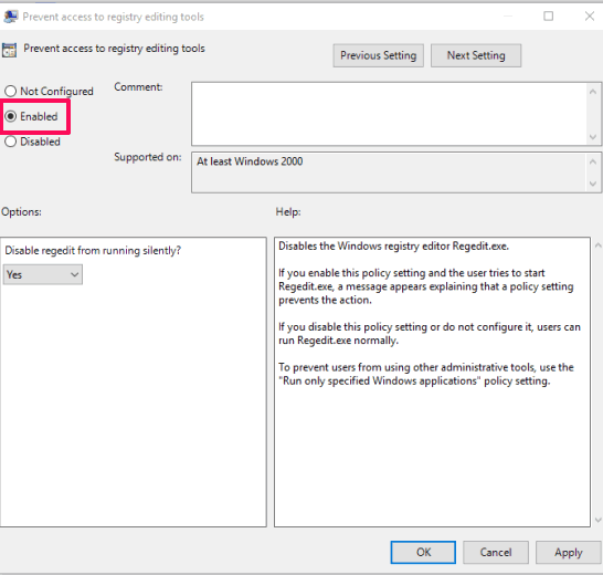 use enabled option to prevent access to registry editing tools