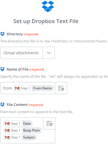 zapier zp to automatically backup new gmail emails to dropbox- setup txt file