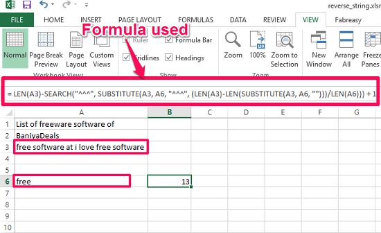 Excel reverse search for a word