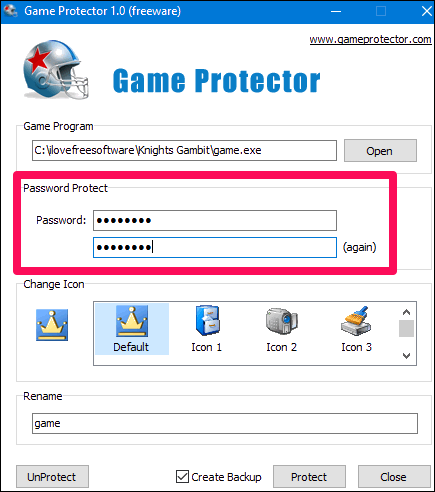 Game protector password input