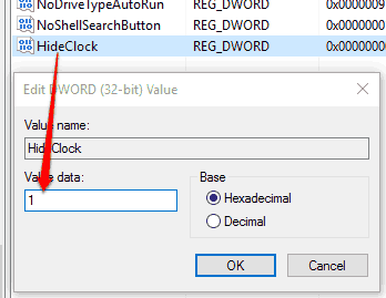 add 1 as value data for hideclock