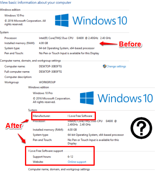 add manufacturer info in sytem window in windows 10