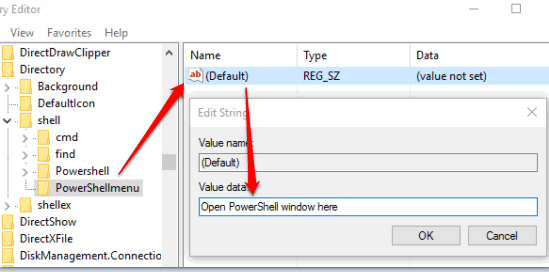 add open PowerShell window here in value data of default string value