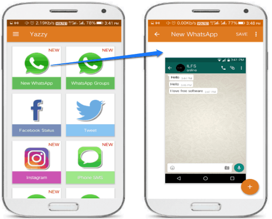 android app to create fake whatsapp chat- yazzy main interface