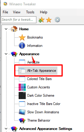 click alt+tab appearance option