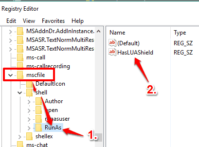 create RunAs key under shell key in mscfile key and add HasLUAShield string value